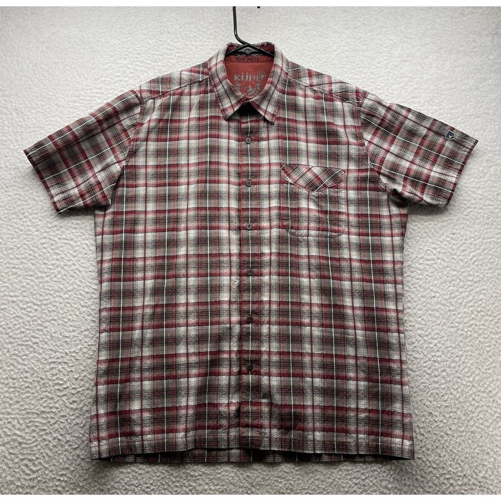 Kuhl Button Up Shirt Mens Large L Red Gray‎ Plaid Western Hiking Metal Buttons